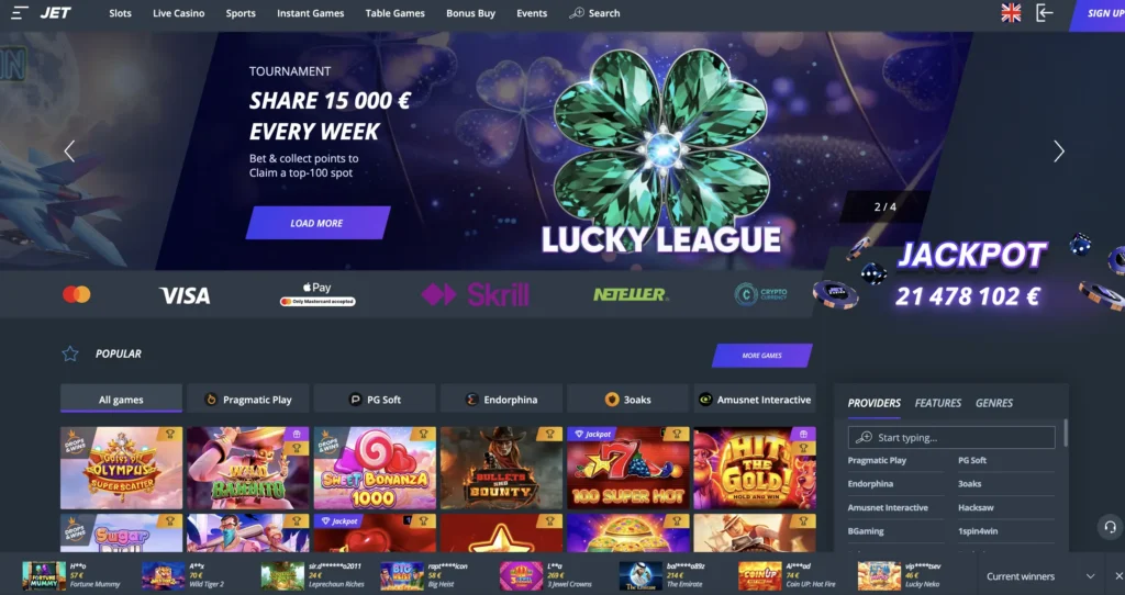 Jet Casino főoldala, rengeteg játékkal vár